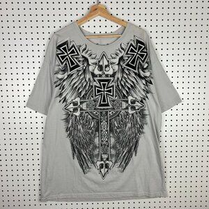 Carbon Black Y2K T Shirt XXL Gray‎ Felt 3D Graphic Skater All Over Wings Cross